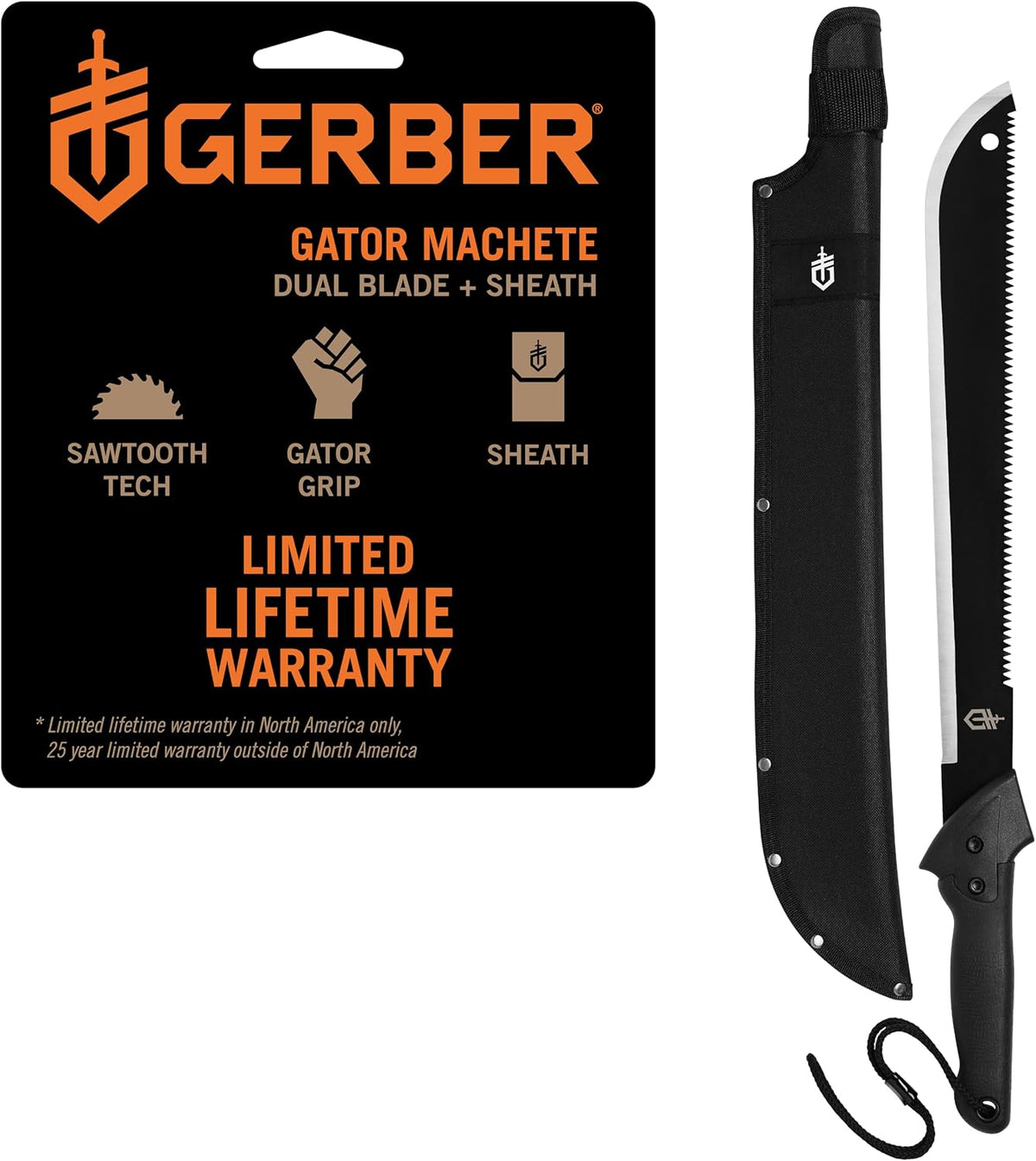 Gerber Gator Machete w/ Saw & Plain Edge Blade, Sheath, 25" / 18"