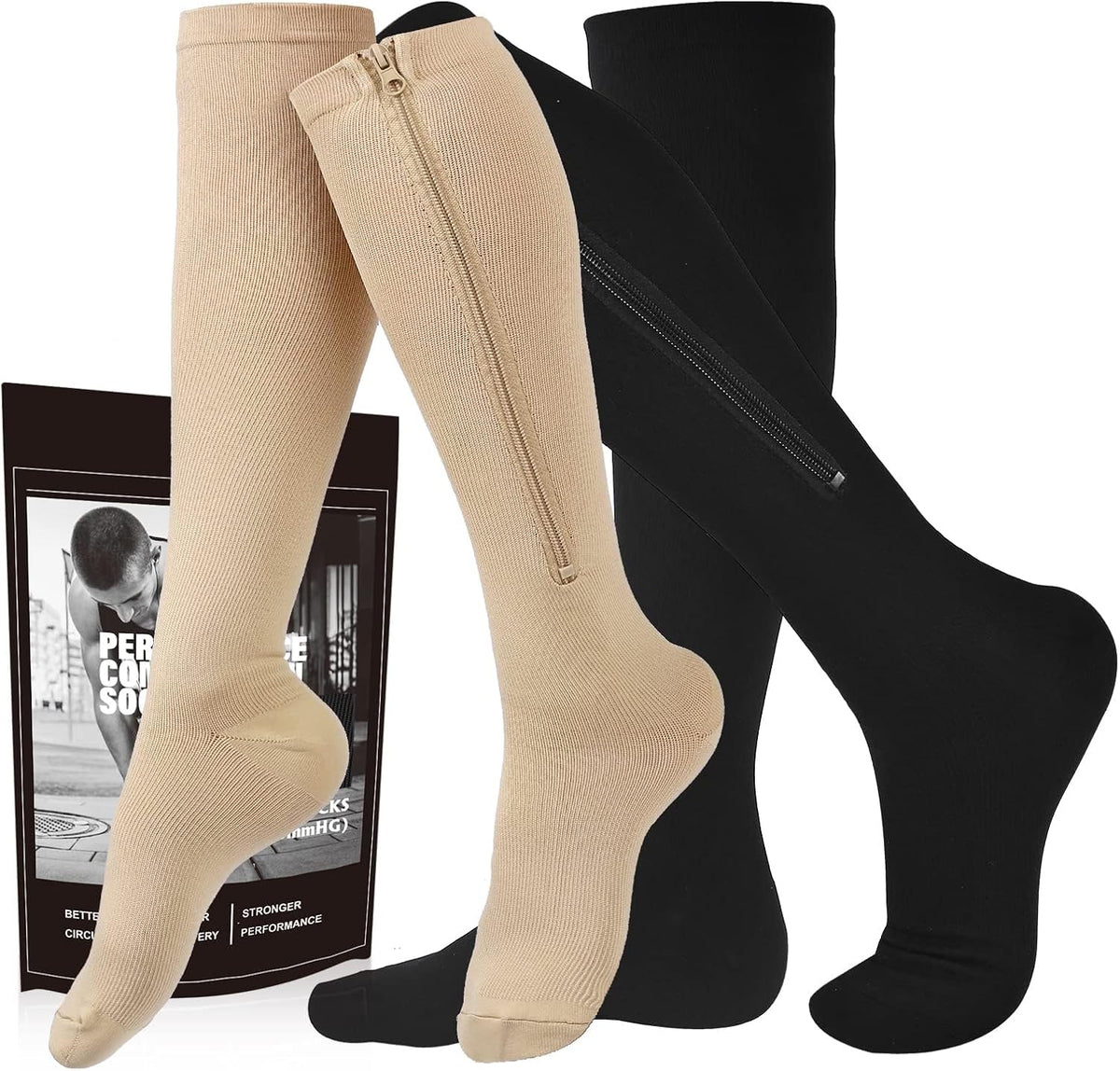 cerpite Zipper Compression Socks, 2 Pairs 15-20 mmHg Closed Toe Compression Stockings for Men Women