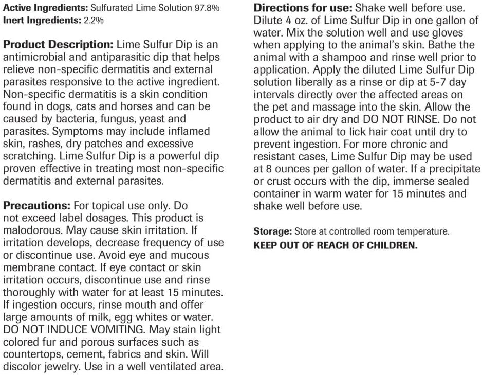 Vet Basics Lime Sulfur Dip – Skin Itch Relief Concentrated Antimicrobial & Antiparasitic Solution for Dogs, Cats, Puppies, Kittens & Horses, Helps Manage Ringworm, Mange, Skin Irritation, 16oz