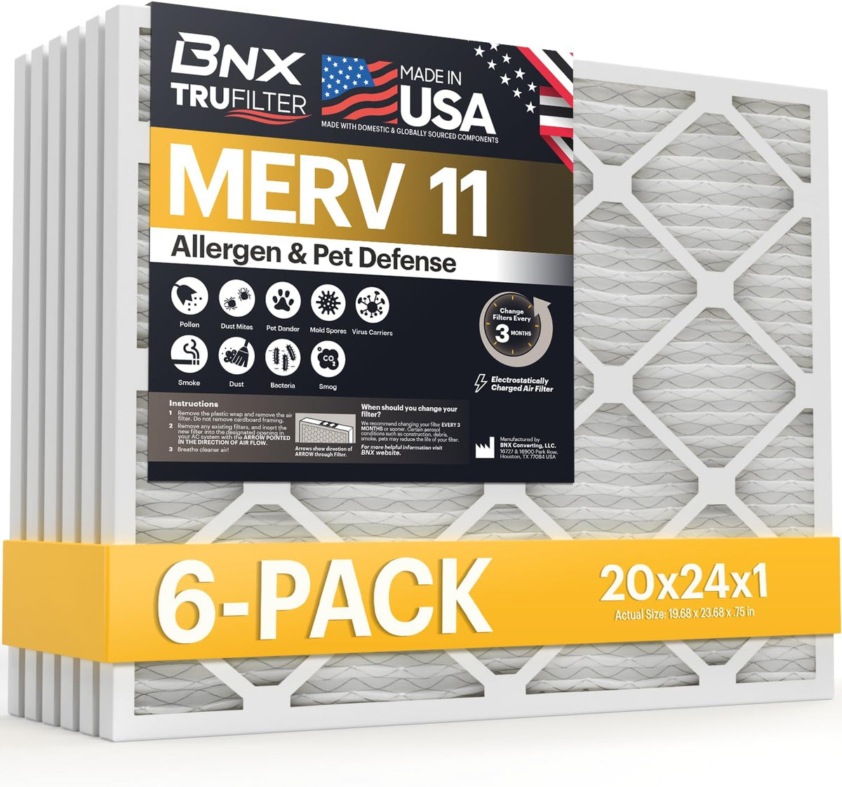 BNX TruFilter 20x20x1 Air Filter MERV 11 (6-Pack) - MADE IN USA - Allergen Defense Electrostatic Pleated Air Conditioner HVAC AC Furnace Filters for Allergies, Dust, Pet, Smoke, Allergy MPR 1200 FPR 7