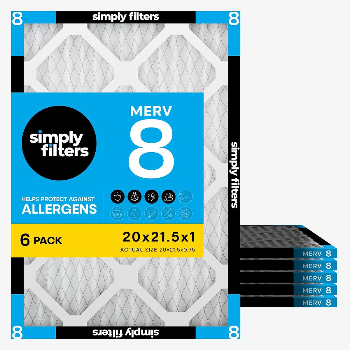 Simply 20x20x1 Air Filter, Merv 8, MPR 600, 6 Pack, Furnace Air Filter for HVAC (Actual Size: 19.75"x19.75"x0.75") DUST, Pet, & Allergy Control