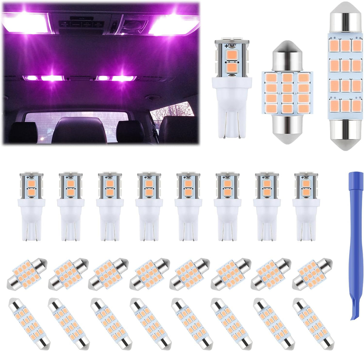 iFunyLED 24 Pieces Dome Light LED Car Interior Bulb Kit Set 194 T10 DE3175 578 31mm 42mm Bulbs Interior Replacement Lights for Car Map License Plate Door Side Marker Cornering Trunk Light - White