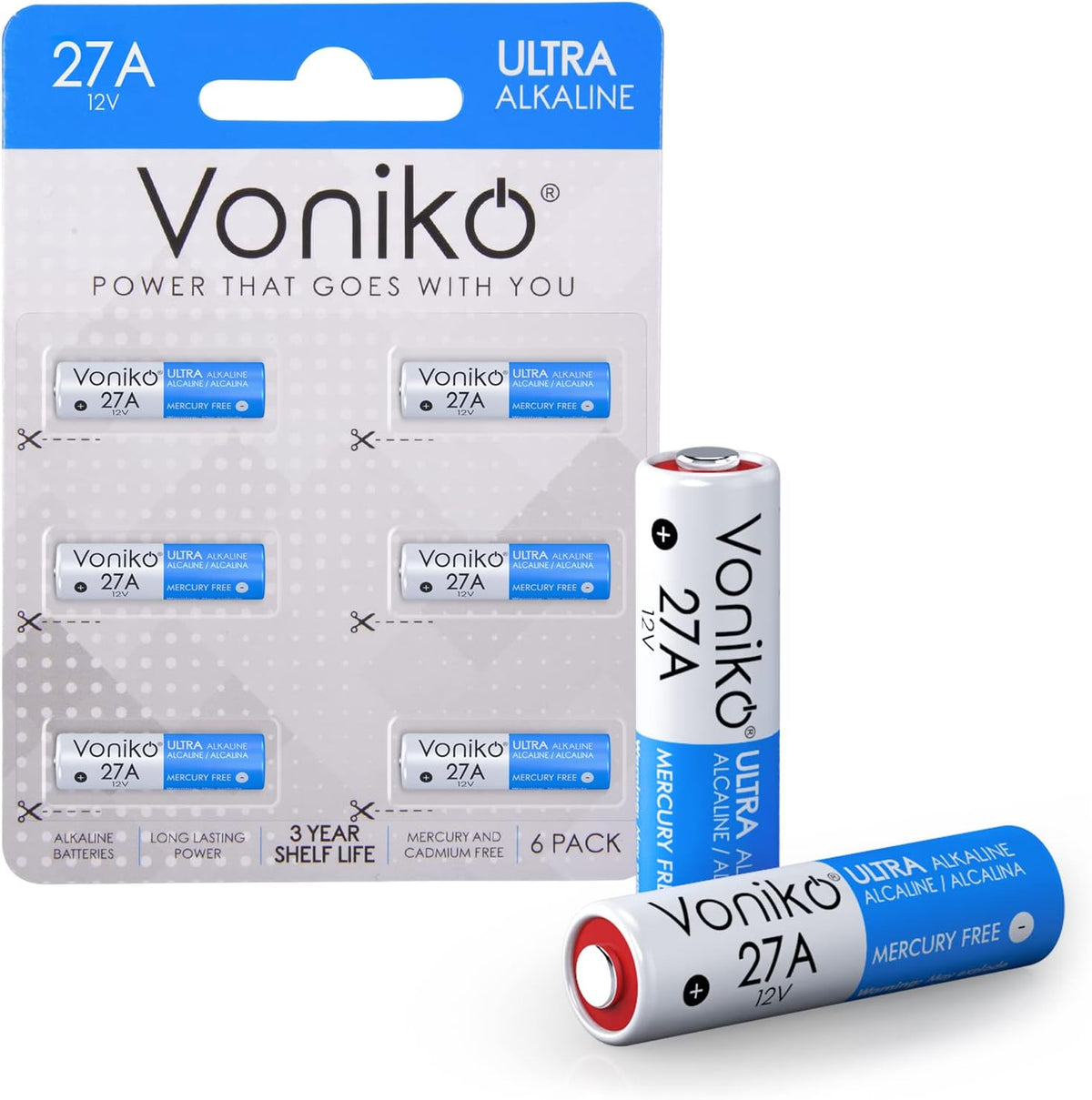 Voniko 27A 12V Alkaline Battery Pack of 6 - Long Lasting 12 Volt A27 Battery for Remote and Doorbells