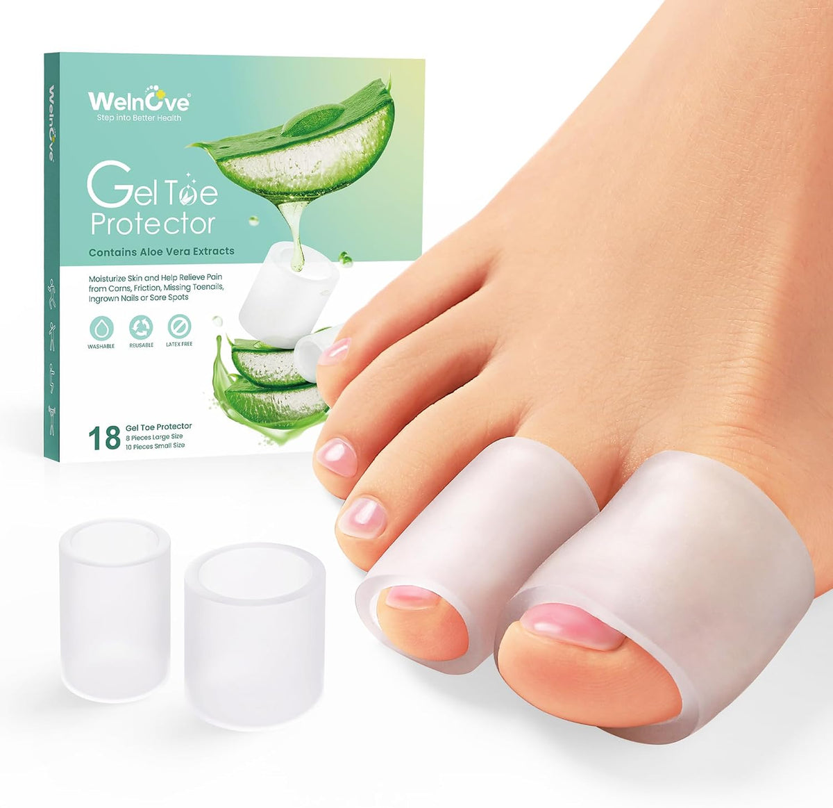 Welnove Toe Protectors – 12-Pack Aloe Vera Extract Infused Silicone Toe Sleeve Toe Covers for Hammer Toes, Corns, Calluses, Blisters – Soft Gel Protector Toe Cushions for Pain Relief (Multi-Size)