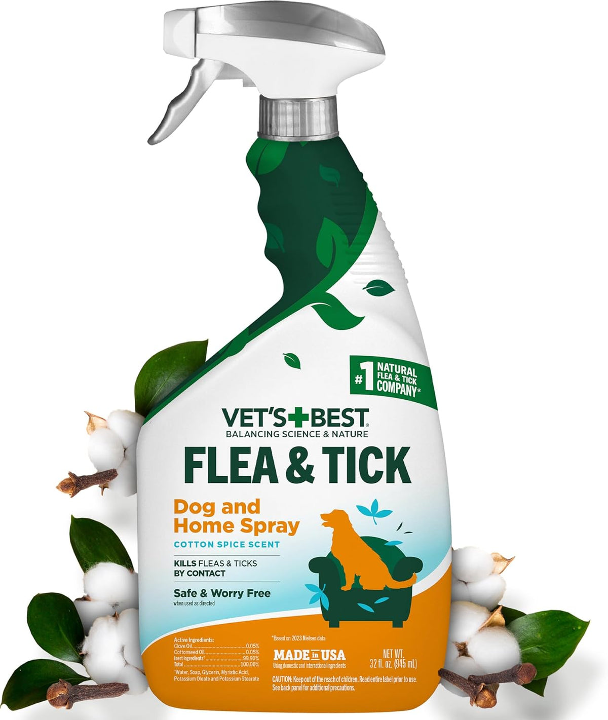 Vet's Best Indoor Flea & Tick Home Spray for Dogs, Plant-Based Spray, 32 oz | Plant-Based Flea & Tick Spray, Kills Fleas, Eggs & Ticks on Contact, Natural Oils, For Indoor Home Use, Made in USA
