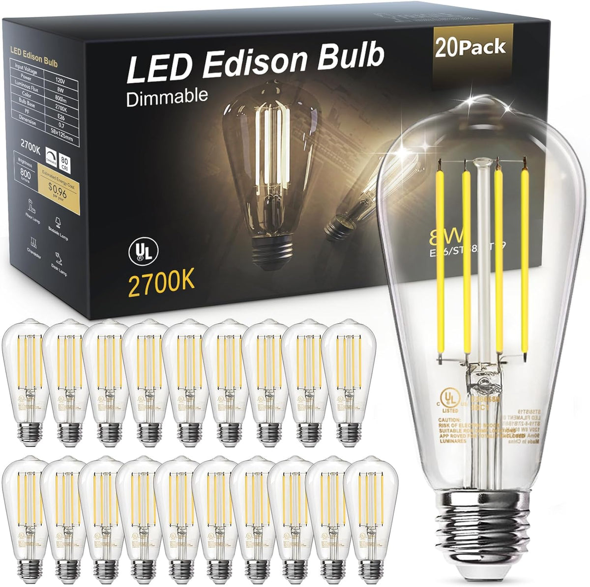 TJOY LED Edison Light Bulbs, E26 Dimmable Vintage Bulb, 8W = 60W Equivalent