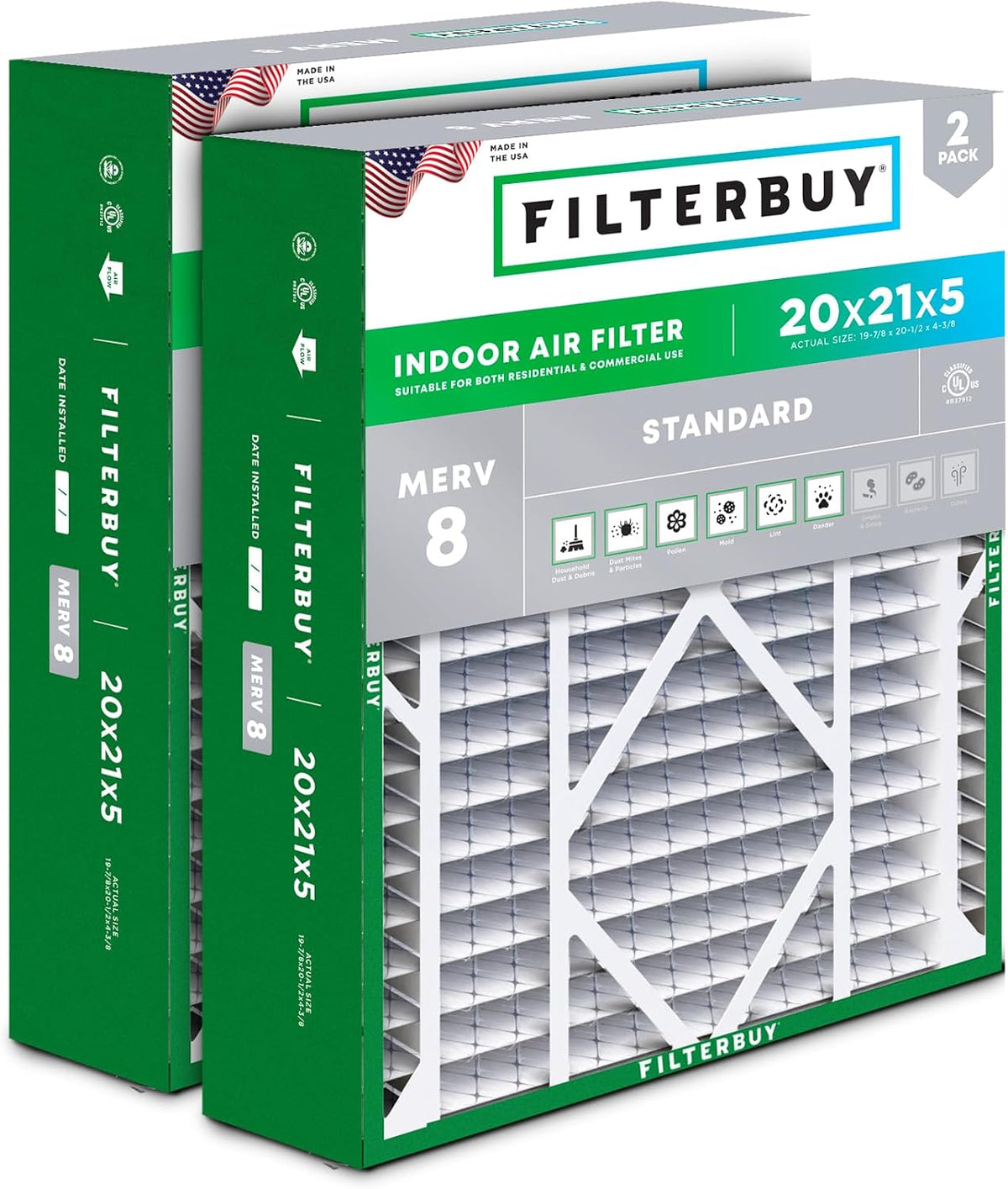 Filterbuy 20x25x5 Air Filter MERV 8 Dust & Allergy Defense (2-Pack)