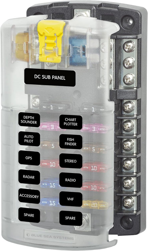 Blue Sea Systems ST Blade Fuse Block 12 Circuit with Ground and Cover, 100 Amps, 5026