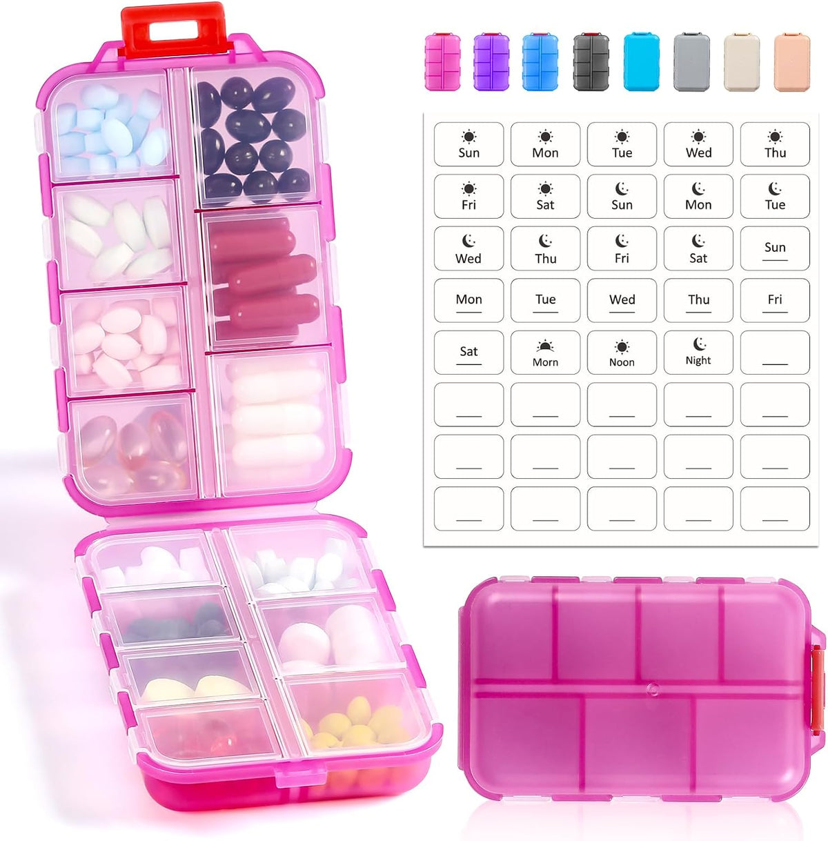 LANDNEOO 14 Grids Pill Organizer Box with Labels, Travel Medication Holder Dispenser Case Kit, Pocket Daily Pharmacy Container for Fish Oil Vitamin Supplement Storage, Khaki Pink Grey, 3 Pack