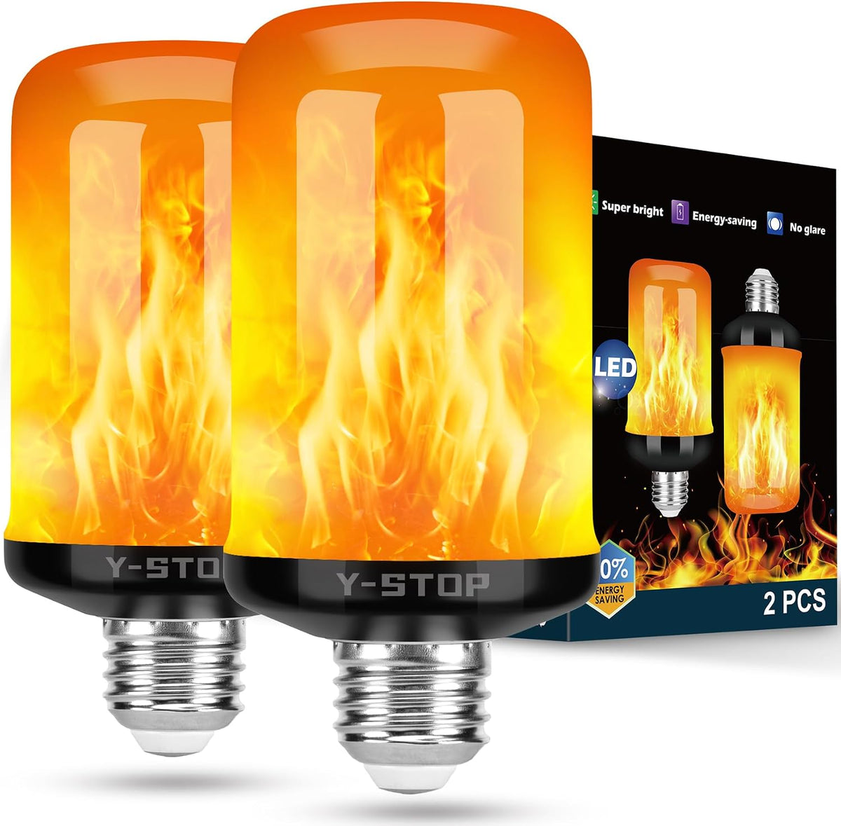 Y- STOP Upgraded Flame Light Bulbs, 4 Modes Flickering Light Bulb Outdoor with Upside Down Effect, E26 Base Flame Bulb for Christmas Decorations Outdoor, Halloween Lights, Party Decor (2 Pack)