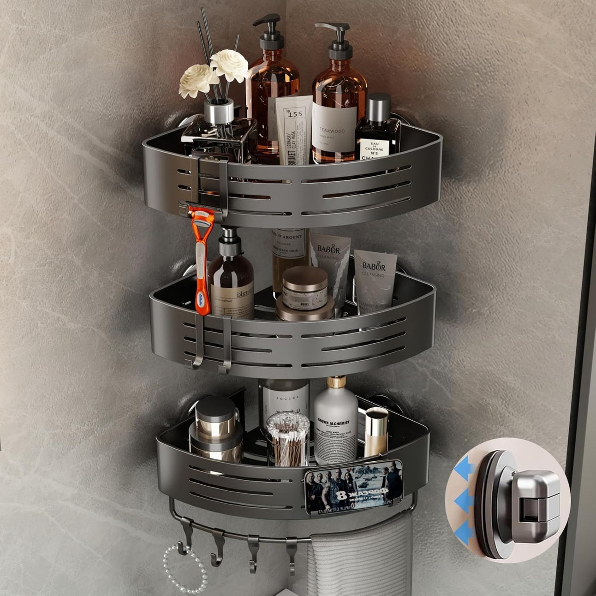 Voldra Shower Caddy Suction Cup, 2 Pack Shower Shelves for Inside Shower No Drilling, Aluminum Suction Showers Organizer with Towel Bar & Hooks Removable Bathroom Shelf Storage Rack(Gray)