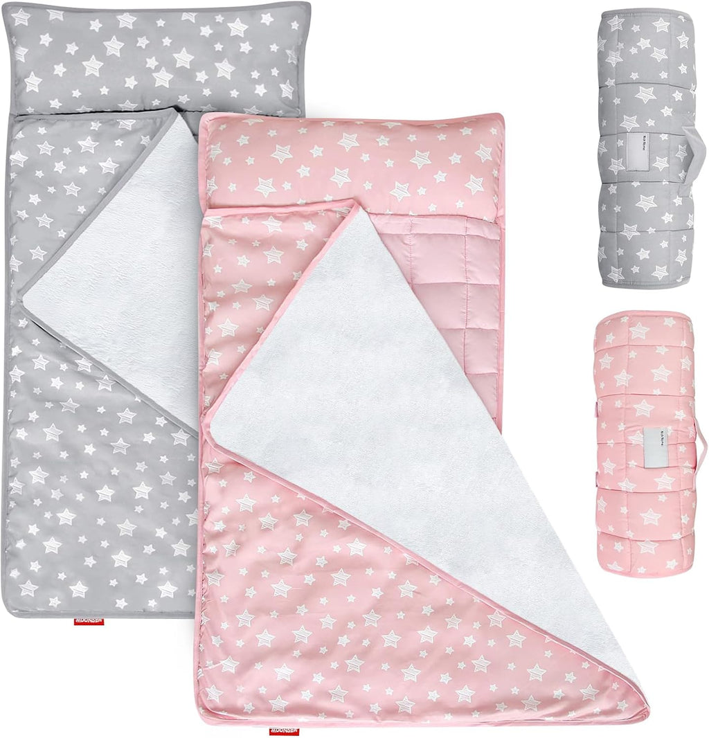 Moonsea Toddler Nap Mat with Pillow and Fleece Minky Blanket Grey