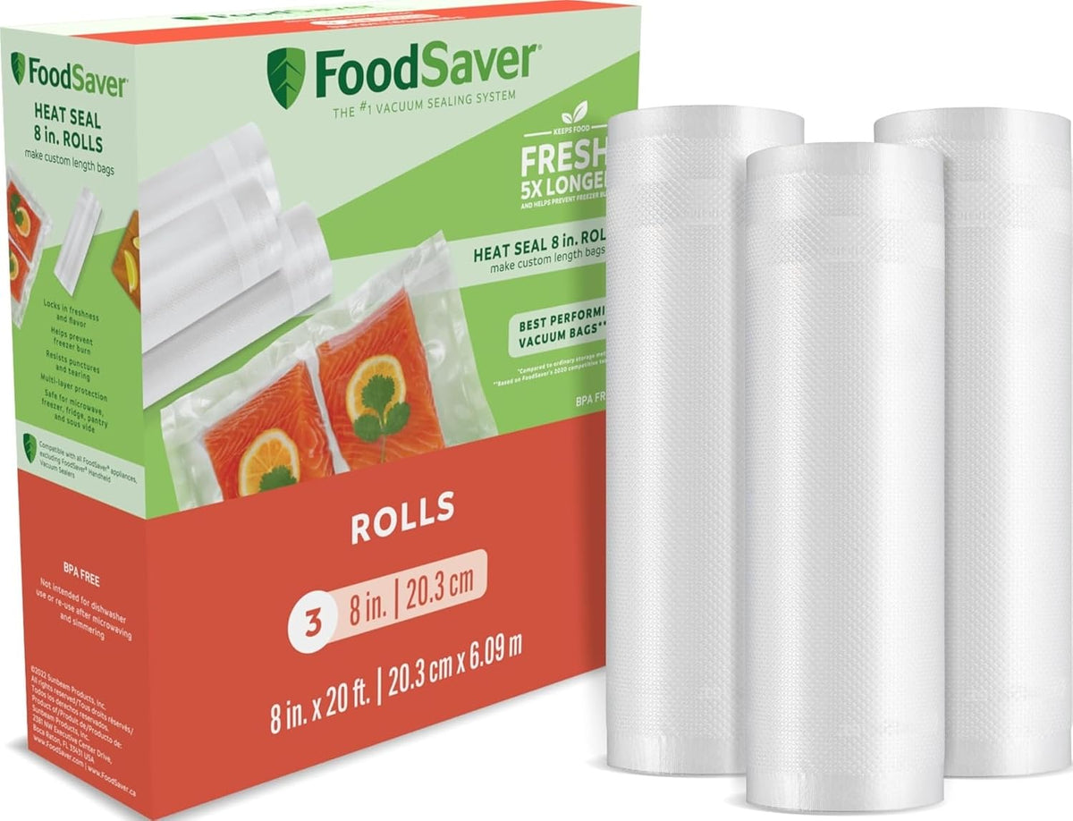 FoodSaver Custom Length Vacuum Sealer Bags Multipack, 5 Count Rolls for Airtight Food Storage and Sous Vide - Compatible with FoodSaver, 8 (2 Pack) and 11 (3 Pack)