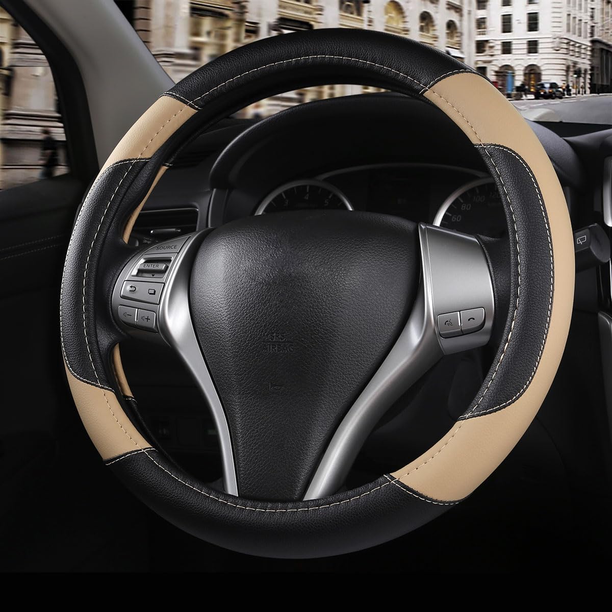 Leather Car Steering Wheel Cover, Universal Fit for Most Cars, Beige