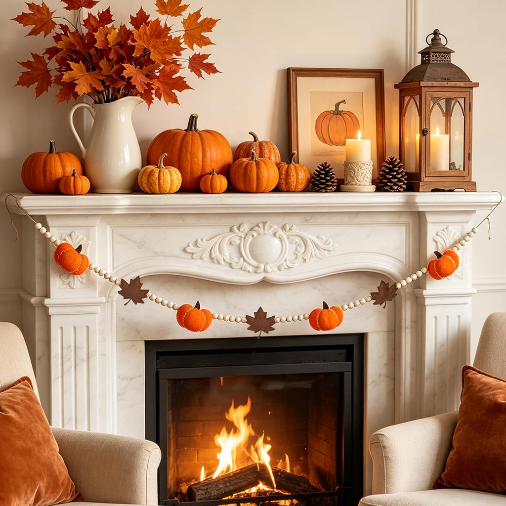 6.8 FT Fall Pumpkin Garland with Maple Leaves and Wood Beads, Autumn Decor