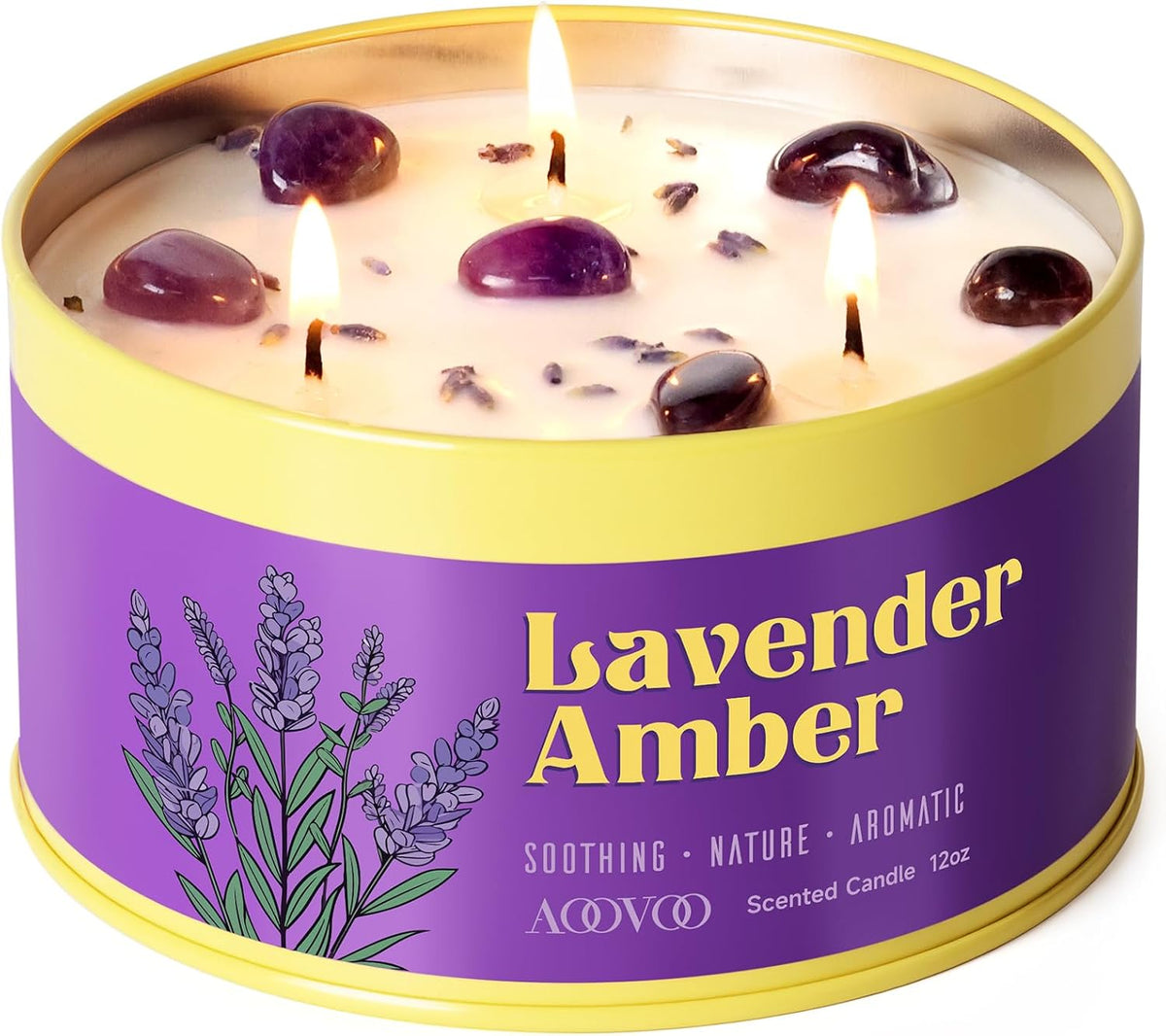 AOOVOO Sage Candle for Cleansing - 3 Wick 12oz Large Scented Candle with Crystals & Sage Leaves Inside, Soy Candles Non Toxic for Meditation Spiritual Gift, Aromatherapy Candle for Women Men