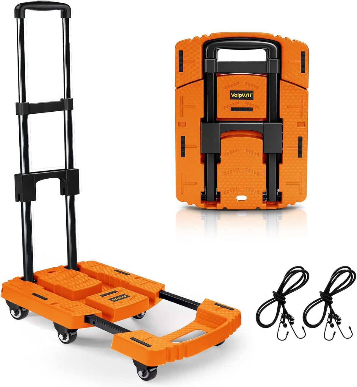 Voipvvii Folding Hand Truck 500lbs, Portable Heavy Duty Dolly Cart, 6 Wheels Collapsible Luggage Cart with 2 Elastic Ropes - Compact Trolley Cart for Easy Moving - Ideal Hand Cart for Travel and More