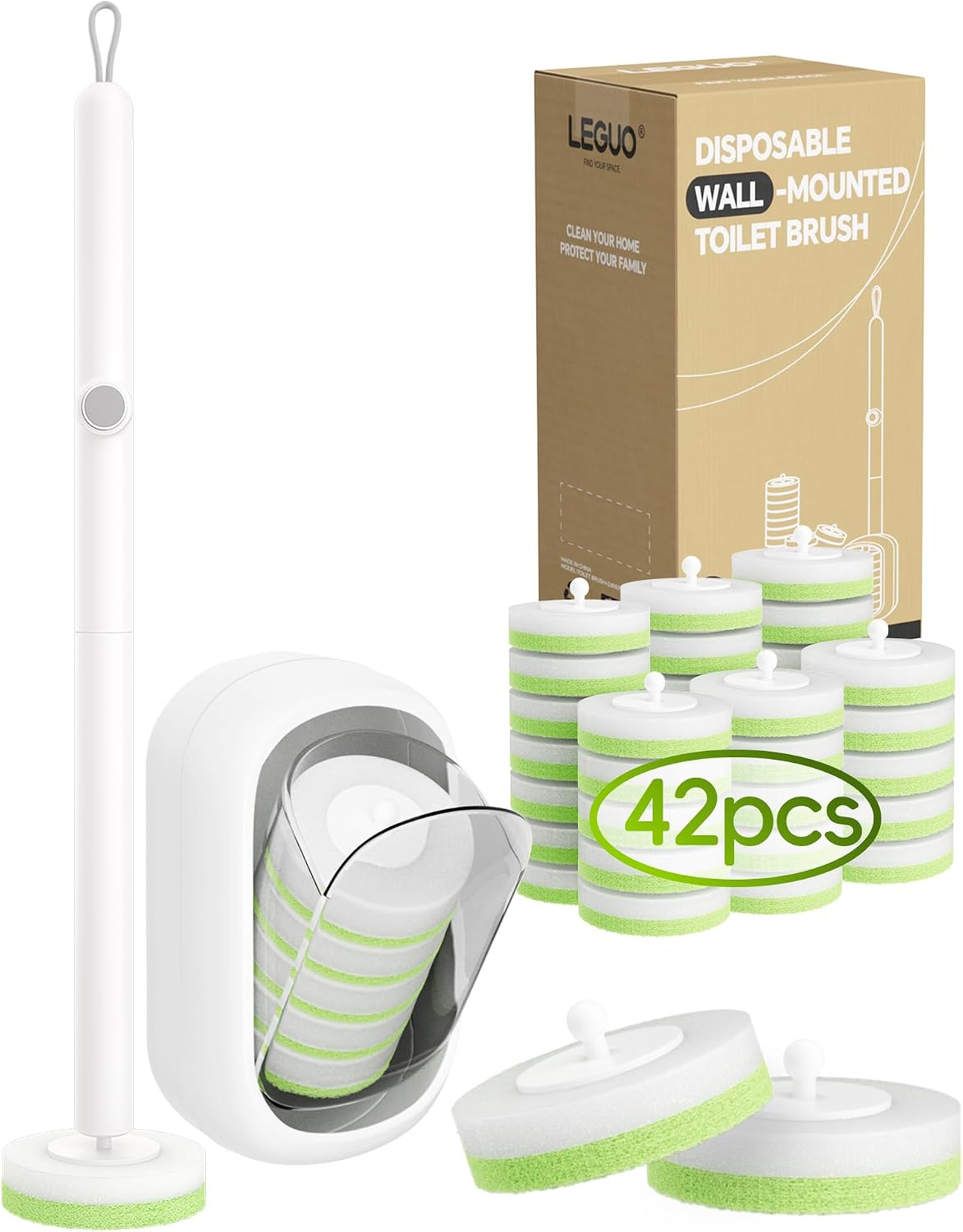Wall Mounted Disposable Toilet Brush System with Holder, Toilet Bowl Cleaning Wand with Green Refills and One-Button Release, 1 Wand and Holder with 24 Green Refills
