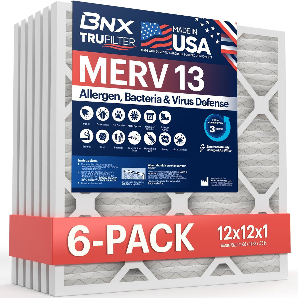 BNX TruFilter 20x20x1 Air Filter MERV 13 AC Filter, HVAC Furnace Filter, 6 Pack (ACTUAL SIZE 19.69"x19.69"x0.75") Allergies, Dust, Pet Dander & Smoke - MADE IN USA - MPR1500 / FPR 10