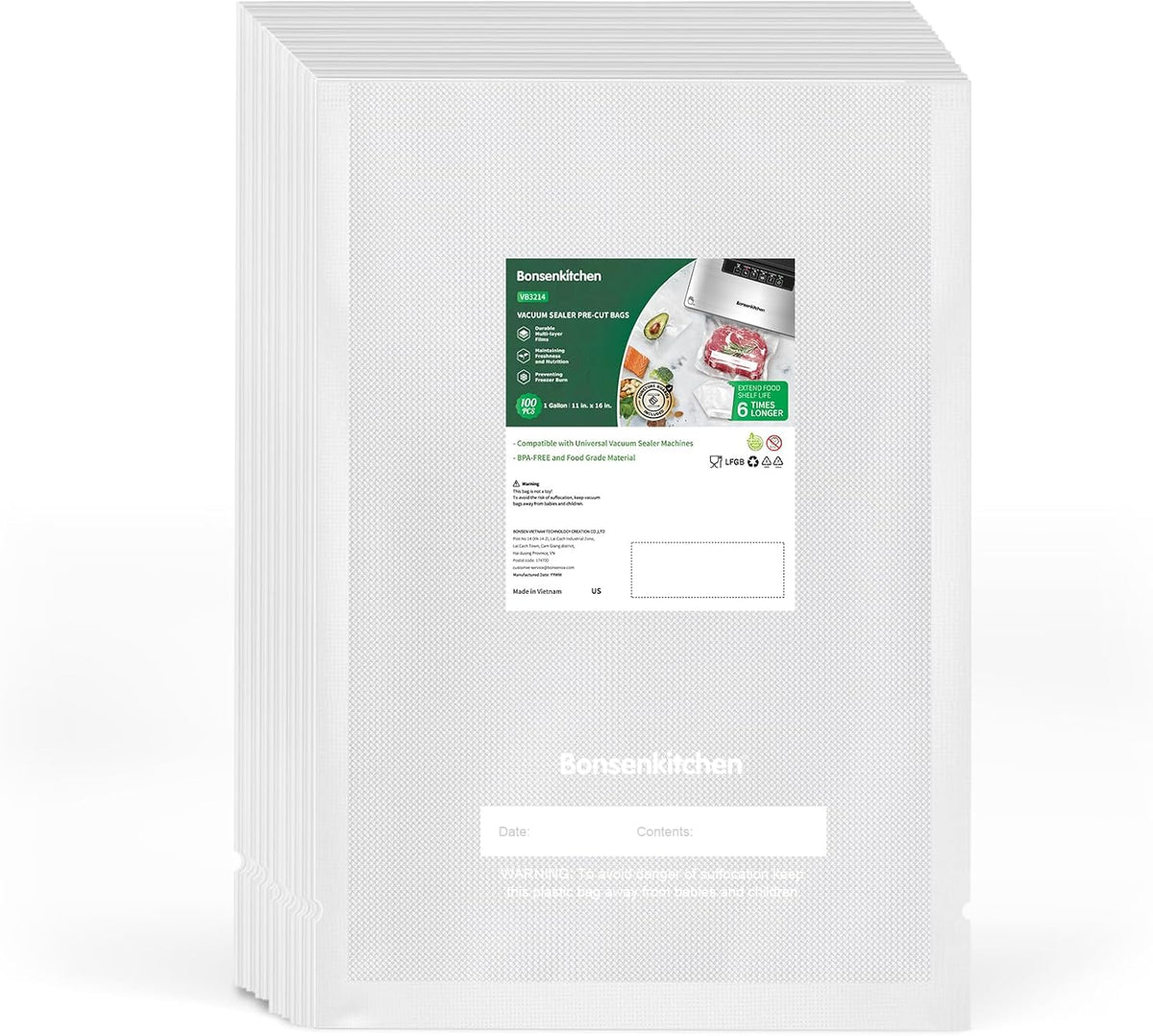 Bonsenkitchen Precut Vacuum Sealer Bags 200 Quart 8" x 12", BPA Free
