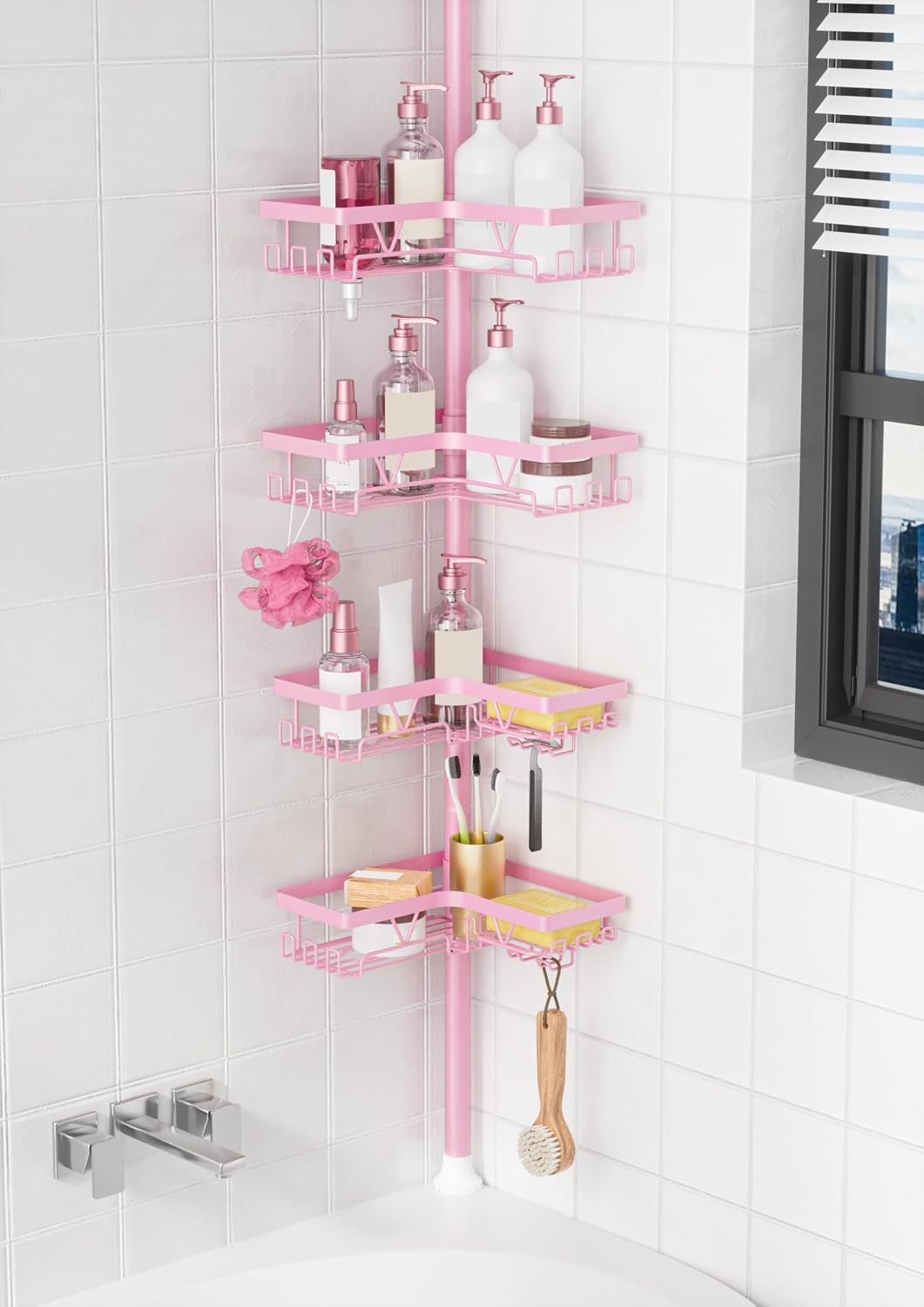 KEGII Corner Shower Caddy Tension Pole, Large Capacity Bathroom Organizer