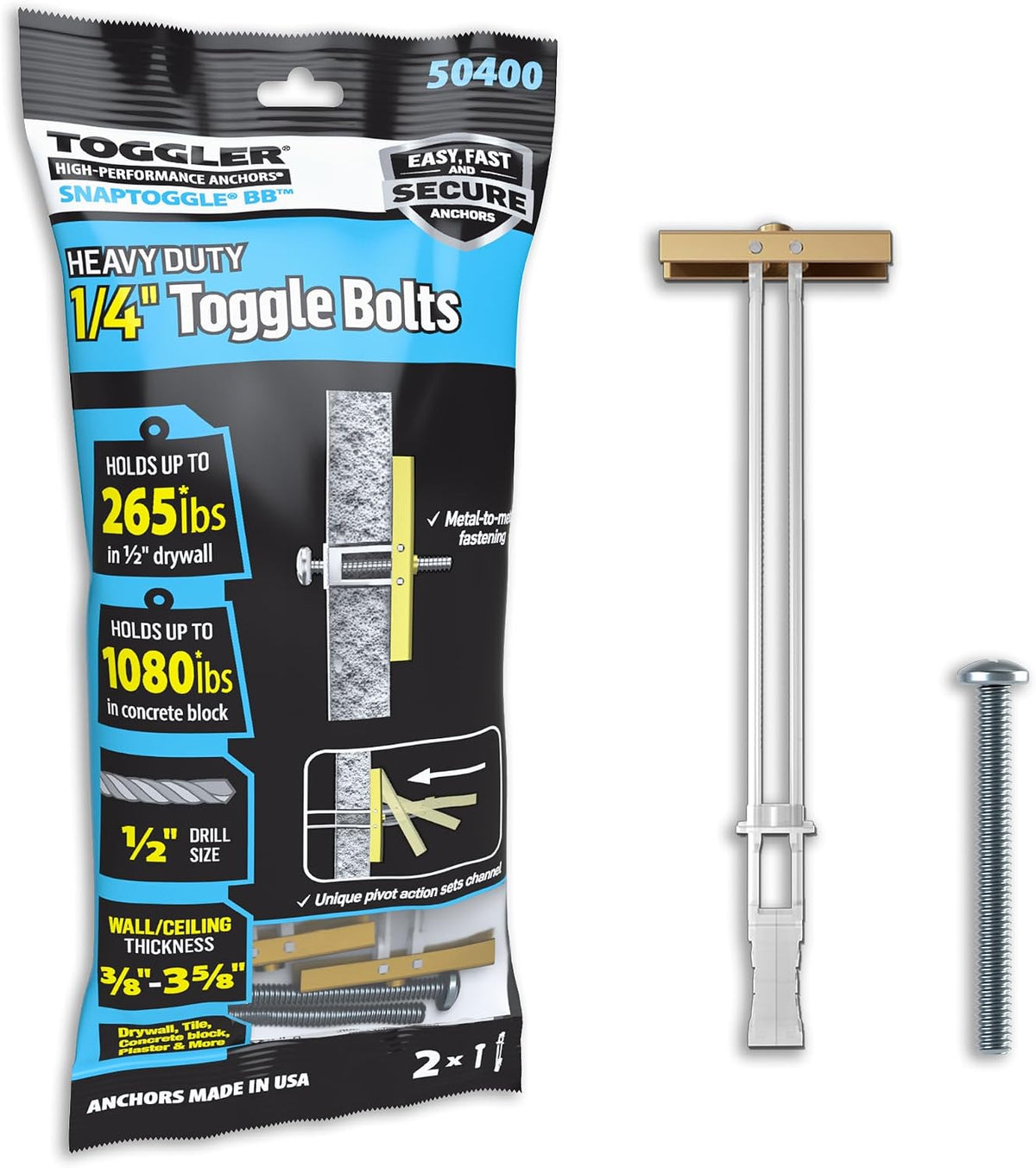 TOGGLER SNAPTOGGLE Drywall Anchors with 1/4-20 Bolts, 20 Pack