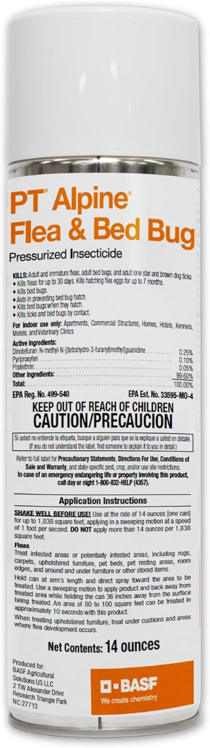 BASF PT Alpine Flea & Bed Bug Killer, Fast Acting Insecticide, Extended Long Lasting Pest Control Formula, Quick Dry, Non-staining, Ready to Use Spray Can 14 oz