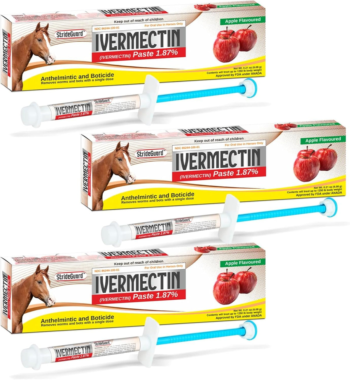 Horse Ivermectin Paste 1.87% – Apple Flavored Oral Horse Dewormer Syringe – 6.08g Tube Treats Horses Up to 1,250 lbs [Pack-1]