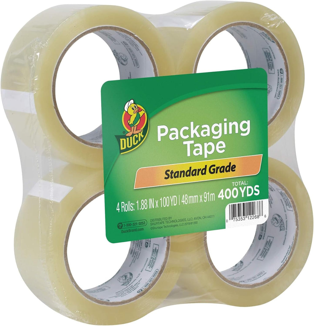 Duck Brand Standard Packaging Tape Refills - 4 Extra Long Rolls of Clear Packing Tape - Shipping, Mailing and Moving Supplies - 3" Core - 1.88 Inch x 100 Yards, Clear (240593)