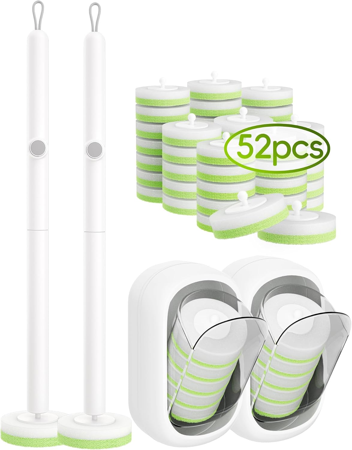 Wall Mounted Disposable Toilet Brush System with Holder, Toilet Bowl Cleaning Wand with Green Refills and One-Button Release, 1 Wand and Holder with 24 Green Refills