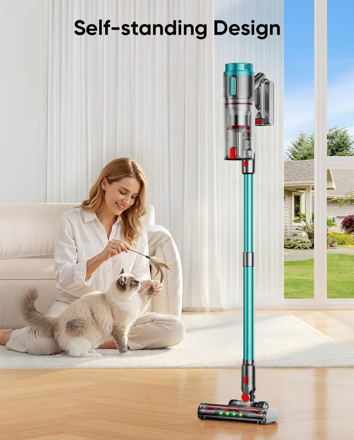 Cordless Vacuum Cleaner, 80Mins 650W/60KPA Self-Standing Vacuum Cleaners for Home, Stick Vacuum with Anti-Tangle Brush, LED Screen, Rechargeable Vacuum for Floor/Carpet/Pet Hair