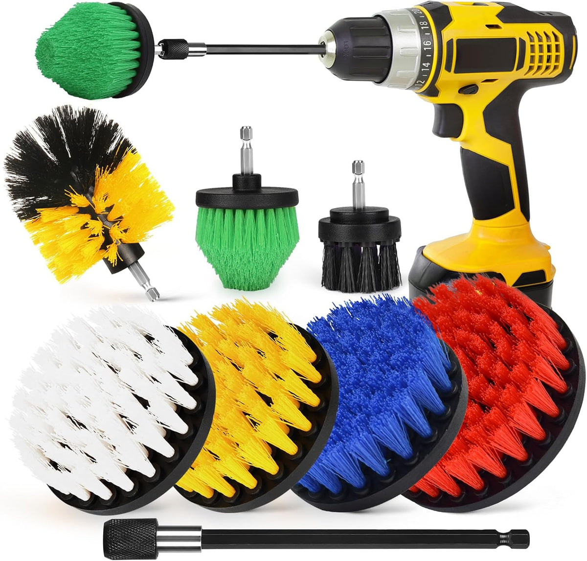 8 Pack Drill Brush Attachment Set, 1/4in Power Scrubber Brush+ Extend Long Rod, Brush Drill Attachment, Power Cleaning Scrub Brush for Bathroom, Tub, Tile, Corner, Floor