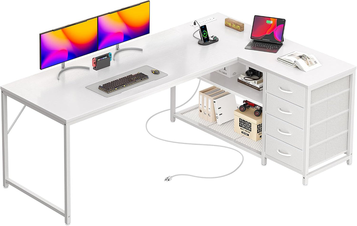 PRAISUN 61" L Shaped Desk with Power Outlets & 4 Drawers