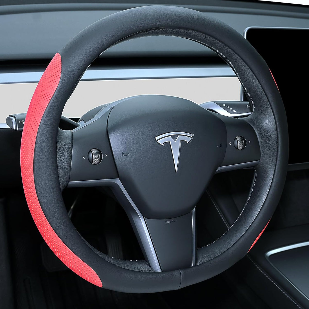 Uxcer Nappa Leather Steering Wheel Cover Compatible with Tesla Model 3/Y 2016-2025 2026 Juniper/Highland, Non-Slip Breathable Model 3/Y Steering Wheel Protector, Black