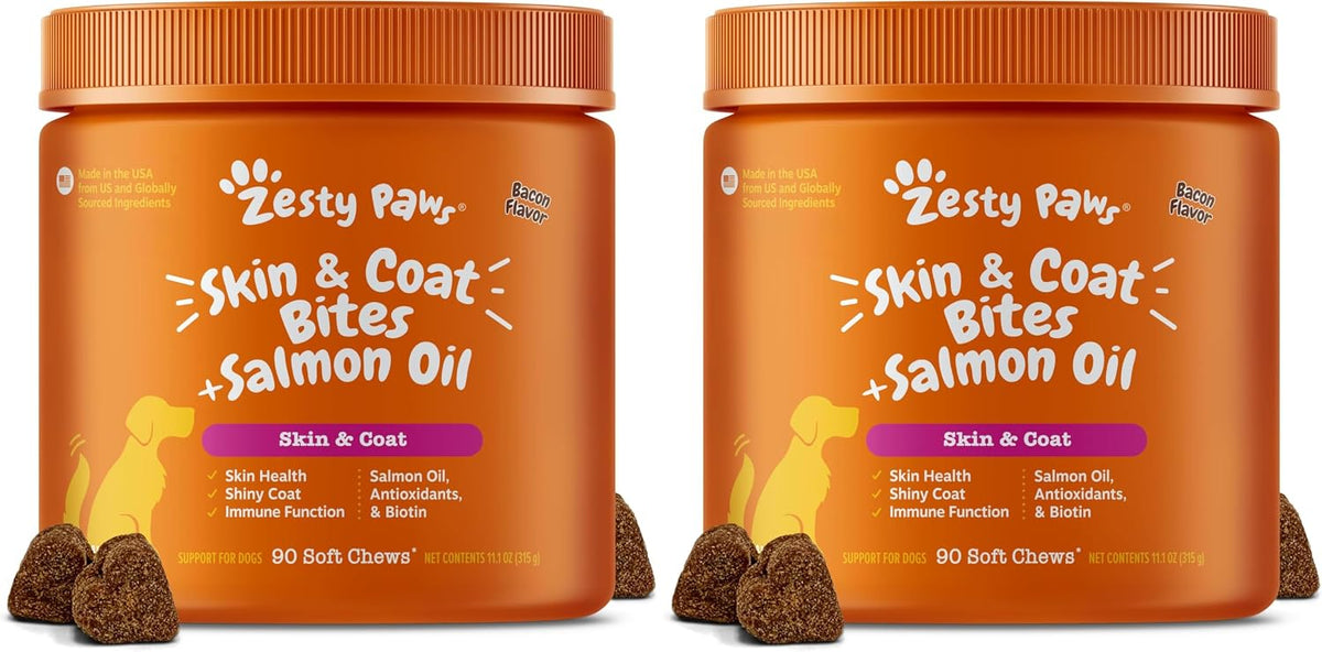 Zesty Paws Omega 3 Alaskan Fish Oil Chew Treats for Dogs - with AlaskOmega for EPA & DHA Fatty Acids - Hip & Joint Support + Skin & Coat Chicken Flavor (90 Soft Chews)