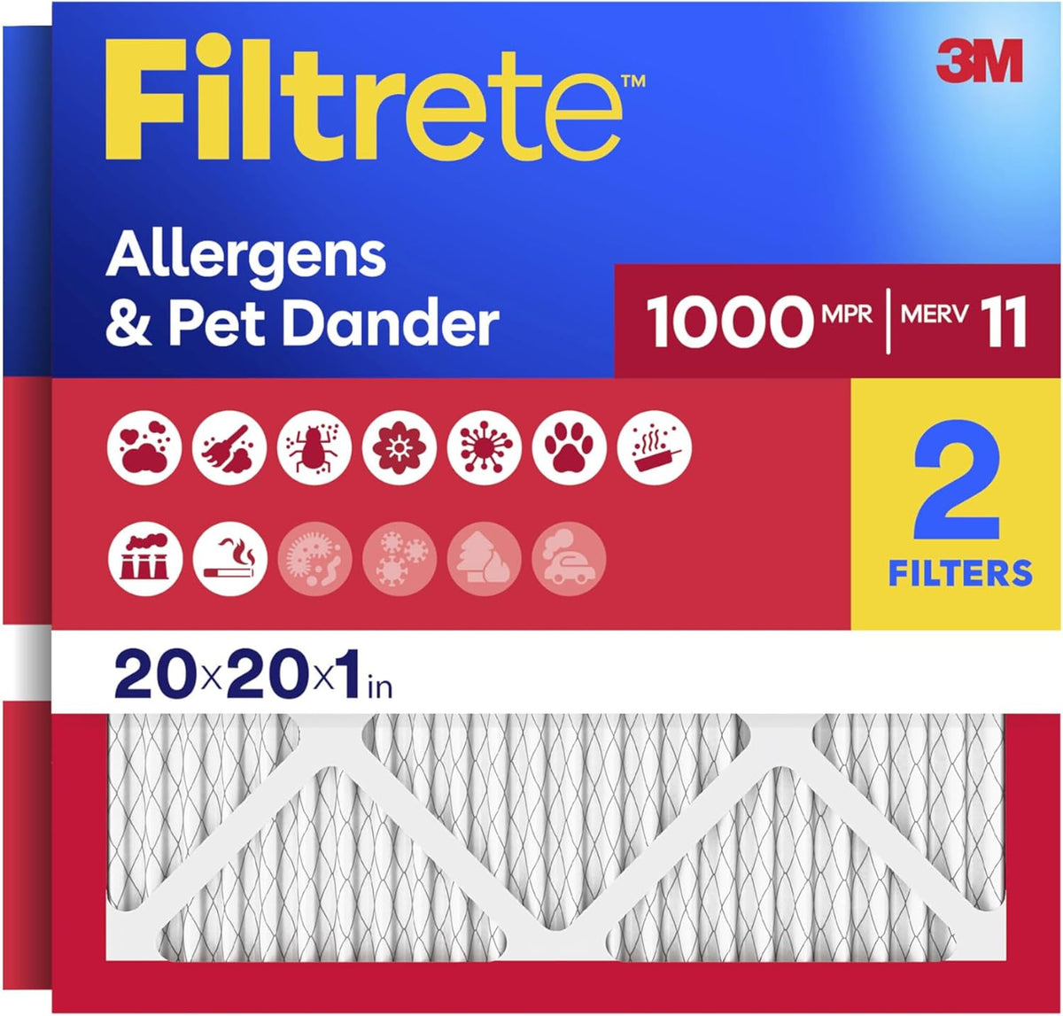 Filtrete 20x25x1 Air Filter, MERV 11, MPR 1000, Allergens & Pet Dander, 3-Month AC and Furnace Filters, Cleaner Air, Reliable Airflow, 2 HVAC Filters (Actual Size 19.68 x 24.68 x 0.81 in)