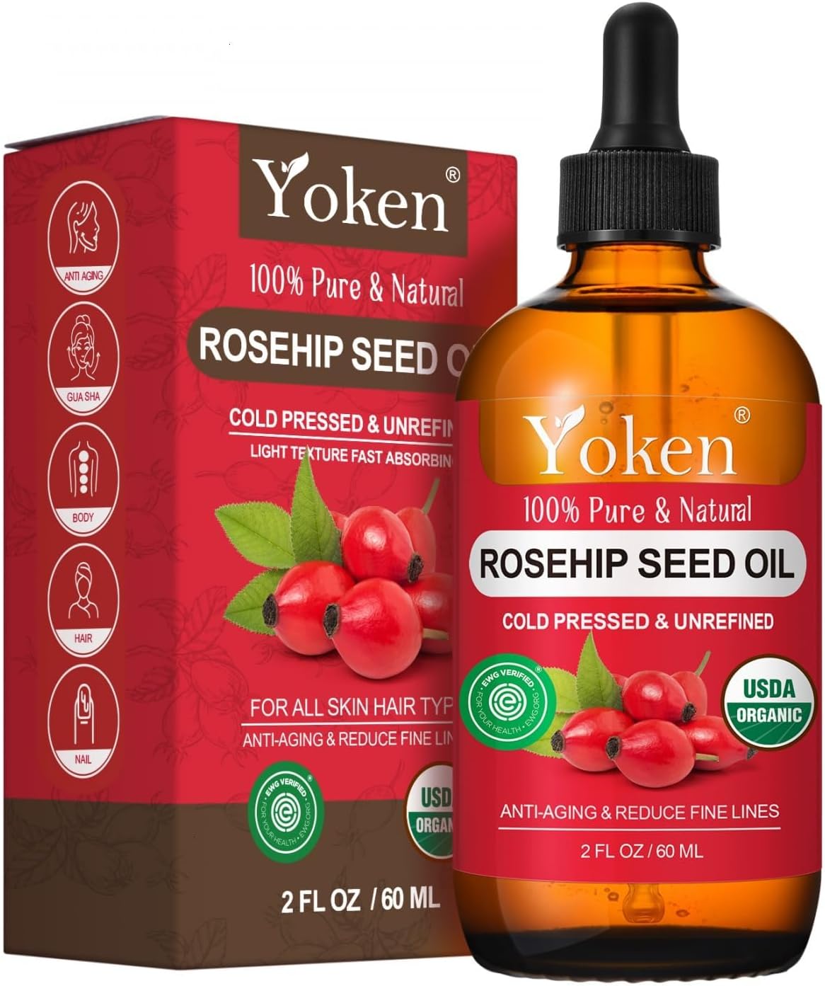 Yoken Organic Rosehip Seed Oil for Face, Skin & Hair, Cold Pressed, 2 fl oz