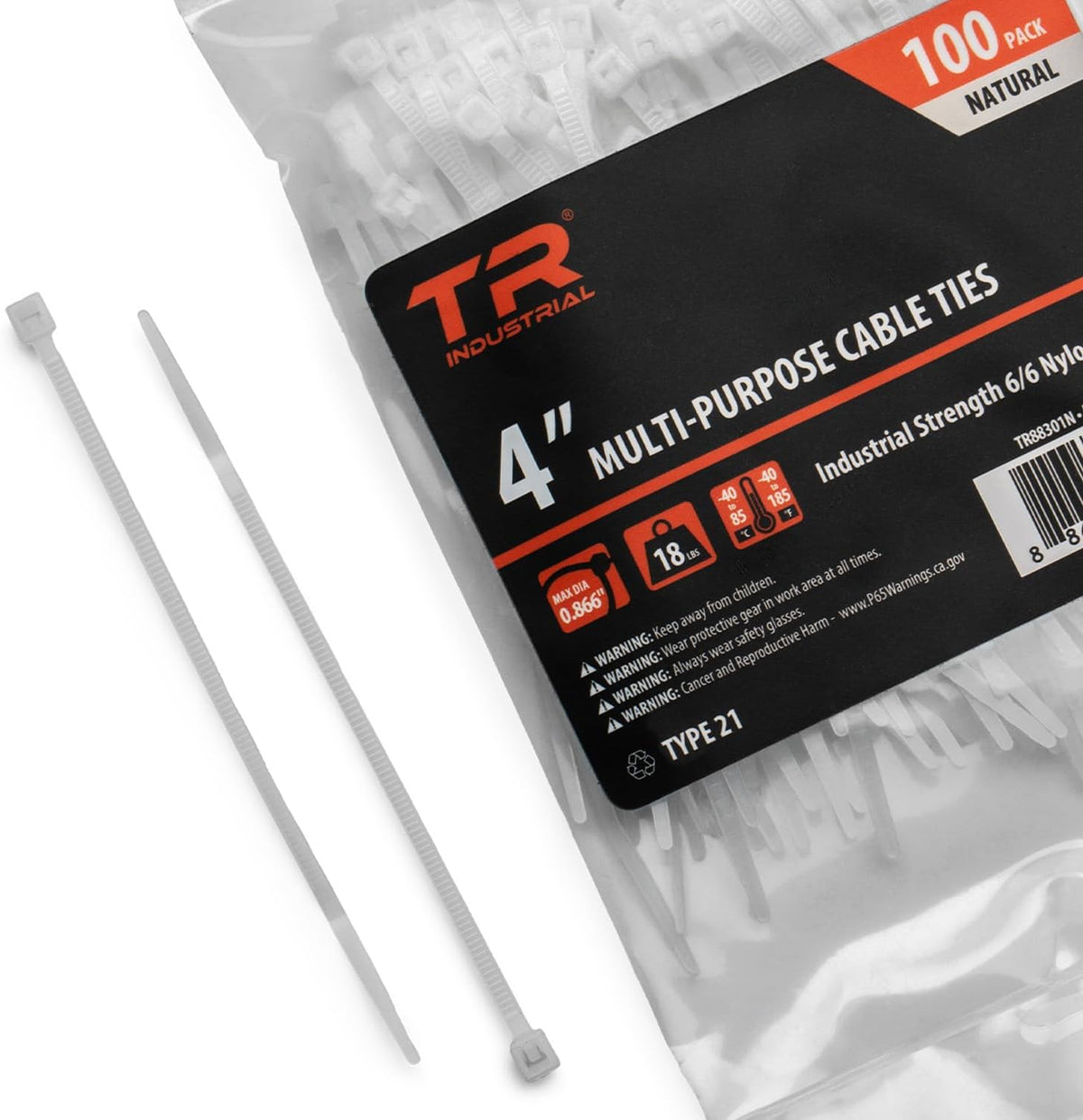TR Industrial Multi-Purpose UV Resistant Black Cable Ties, 8 inches, 100 Pack
