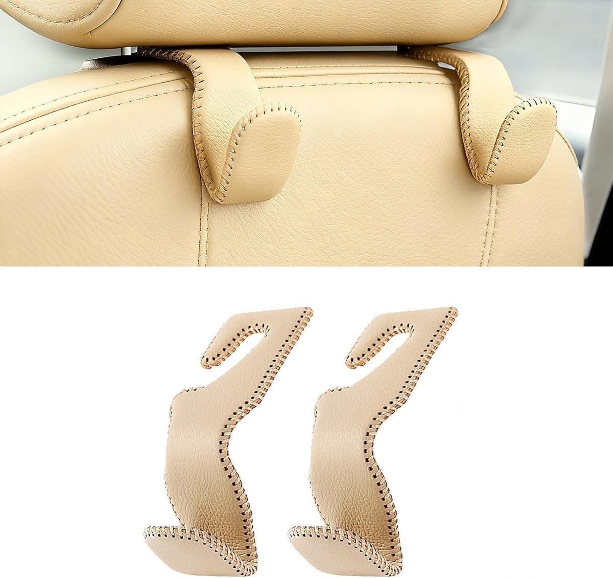 Headrest Hooks for Car, Back Seat Organizer Black Leather Hanger Holder Hook, for Hanging Purses and Bags and Coats, Pack of 2