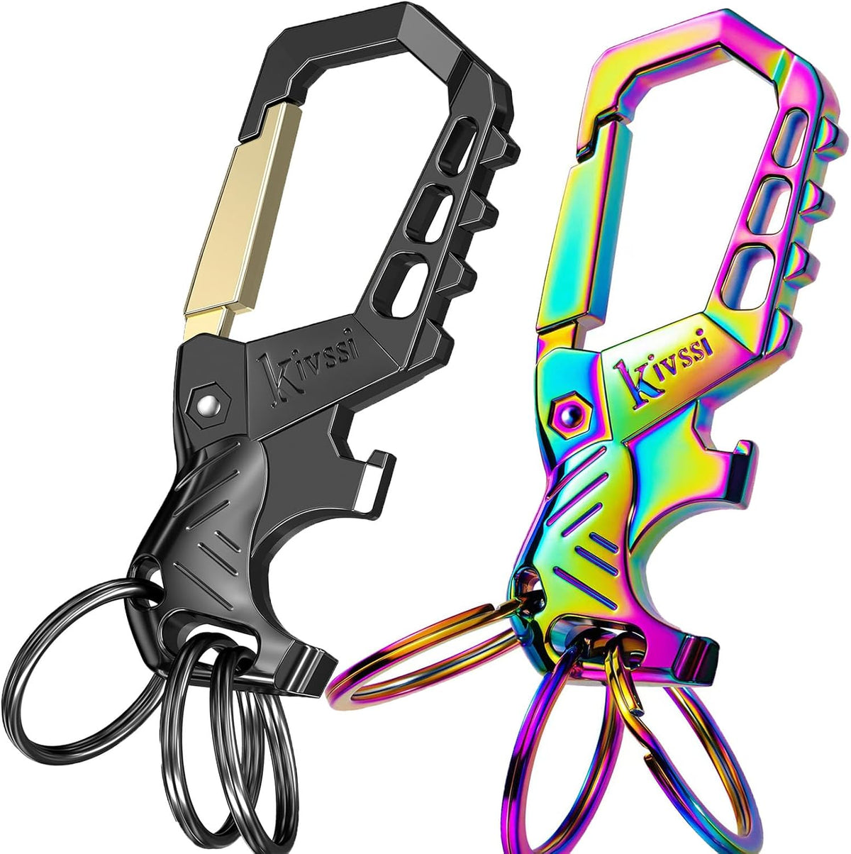 Kivssi Heavy duty metal keychains, Carabiner clip Car key chains,Fashion family keychain bottle opener and 3 Key Rings suitable for men and women.（Black-1pcs）