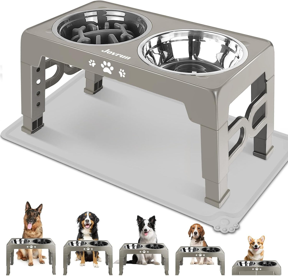 Jovrun Elevated Dog Bowls for Medium Large Size Dogs, Non-Slip Dog Feeder with 1*Stainless Steel Dishes & 1*Slow Feeder Bowl, 5 Heights Adjustable Raised Bowls to 3.15″-8.66″-9.84″-11.02″-12.2″