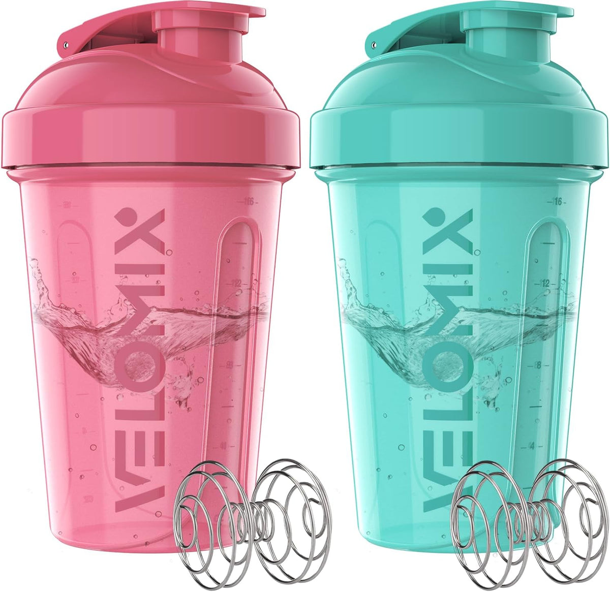 VELOMIX 2 Pack 20oz Protein Shaker Bottle for Protein Mixes, Black/Transpar
