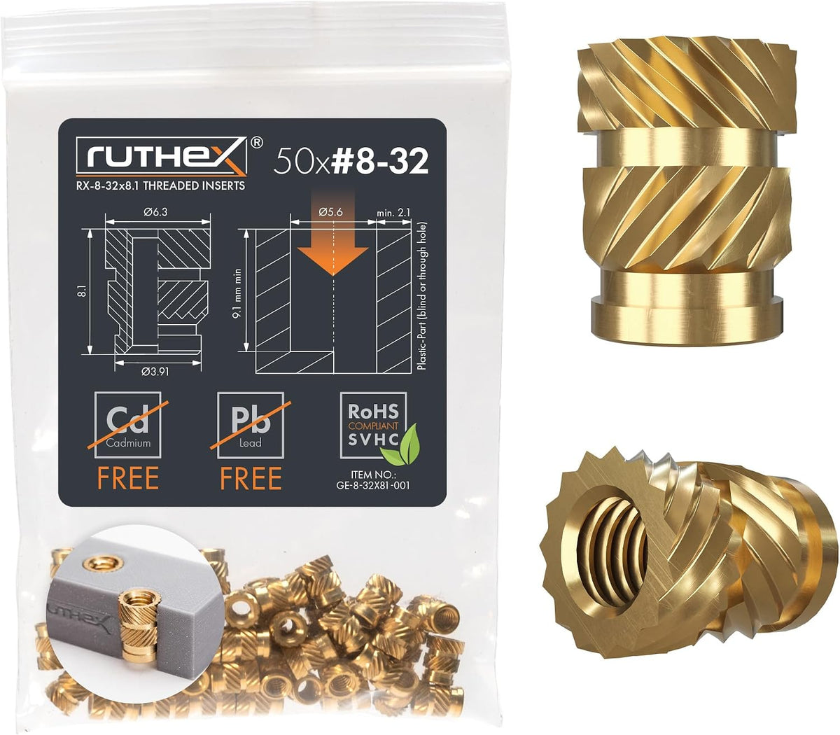 ruthex M3 Threaded Inserts - 100 Pieces RX-M3x5.7 Brass Heat Set Insert for Plastic Parts - Metric knurled Nuts - Insert by Heat into 3D Printing Components