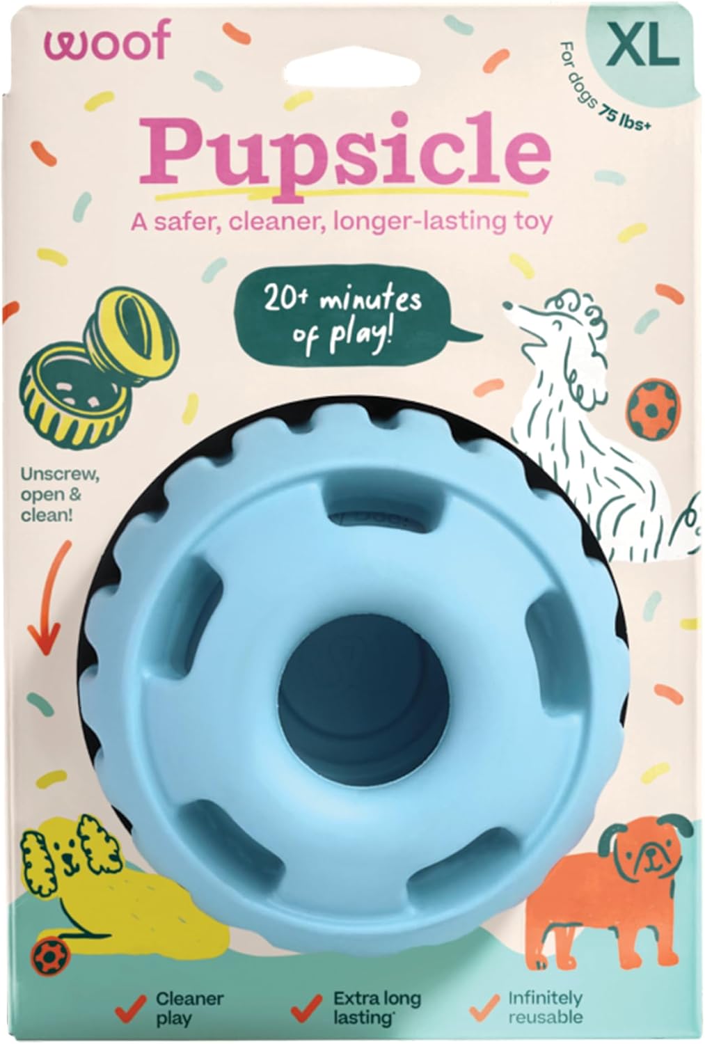 WOOF Pupsicle Interactive Dog Ball Toy for Dogs Large 25-75 lbs - Blue | Long-lasting enrichment toy for medium/large dogs, easy-fill design, low-mess play, made of natural rubber, easy to clean