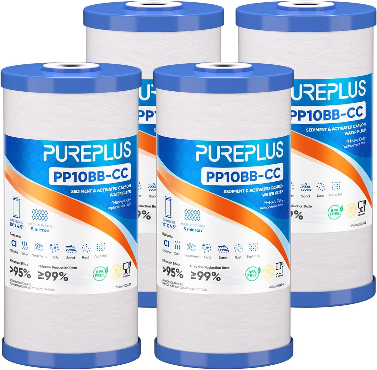 PUREPLUS 5 Micron 10" x 4.5" Whole House Sediment and Carbon Water Filter Replacement Cartridge for GE FXHTC, GXWH40L, GXWH35F, GNWH38S, Culligan RFC-BBSA, WRC25HD, PP10BB-CC, Pentek RFC-BB, 2Pack