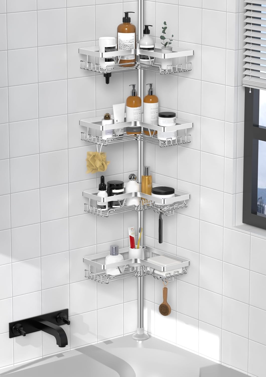 KEGII Corner Shower Caddy Tension Pole, Large Capacity Bathroom Organizer