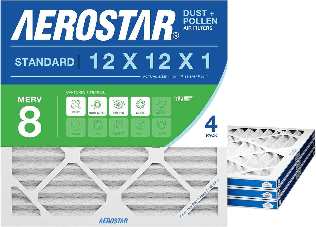 Aerostar Air Filter 12x12x1 MERV 8 AC Filter, HVAC, Furnace Filter, 4 Pack