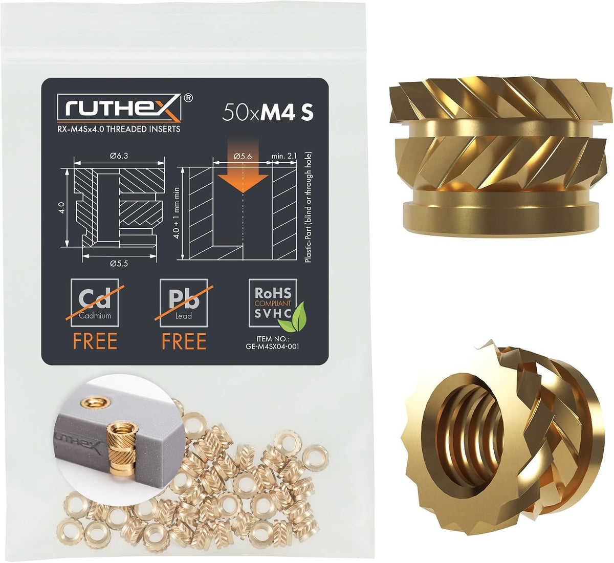 ruthex M3 Threaded Inserts - 100 Pieces RX-M3x5.7 Brass Heat Set Insert for Plastic Parts - Metric knurled Nuts - Insert by Heat into 3D Printing Components