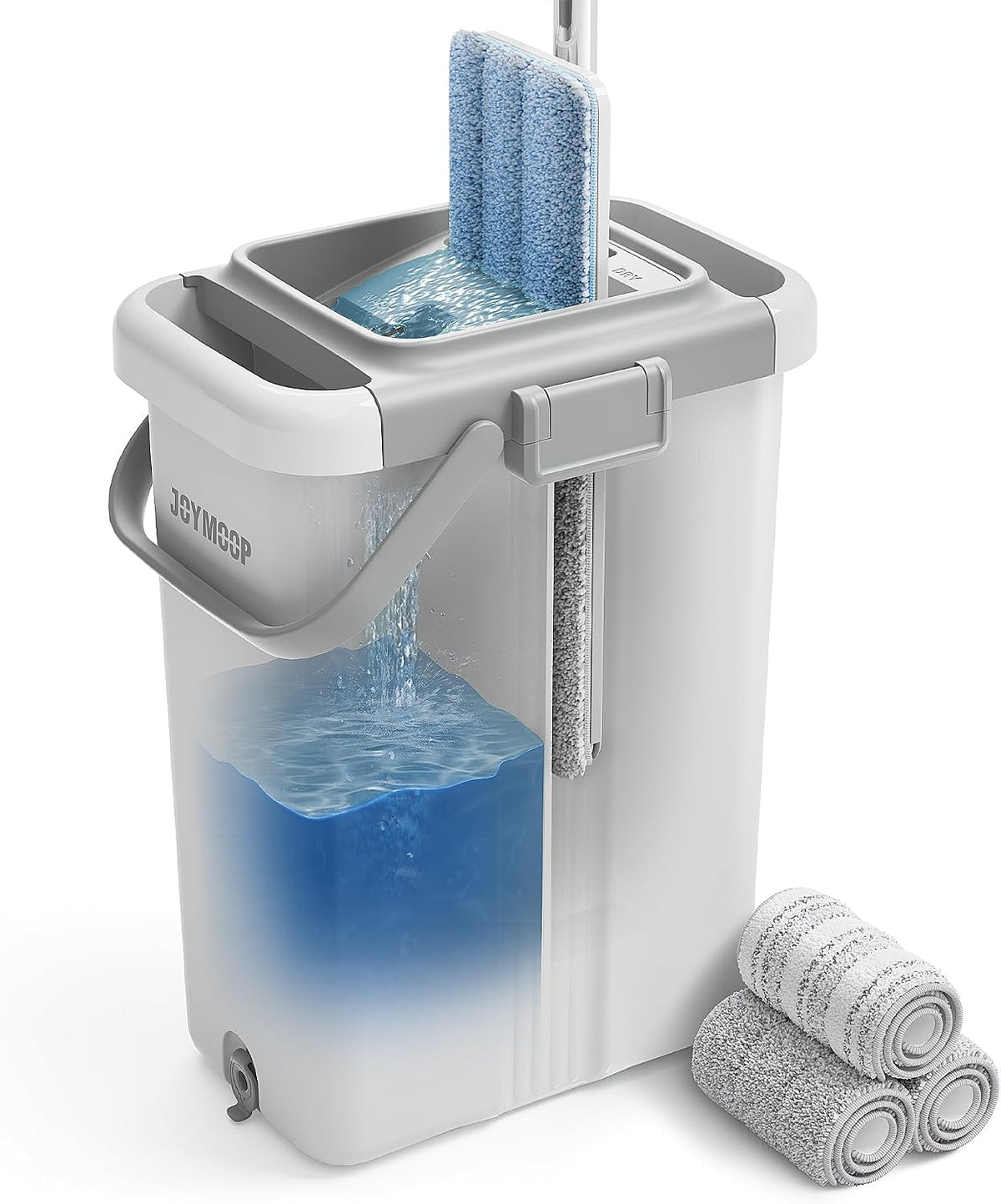 JOYMOOP Wall Mop and Bucket Set, Hands-Free Flat Floor Mop with 3 Washable Microfiber Pads, Wet and Dry Use, Ideal for Home and Commercial Floor Cleaning
