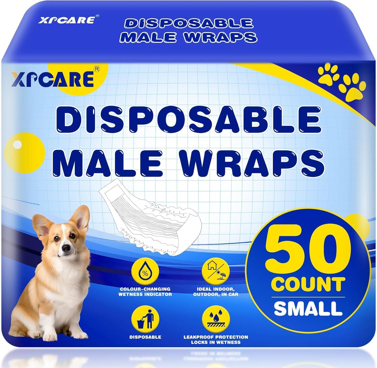 XPCARE 50 Count Disposable Dog Diapers Male with Wetness Indicator(X-Small) | Dog Belly Band Belly Bands for Male Dogs Male Dog Wraps,Super Absorbent Leak-Proof Fit for Incontinence Marking